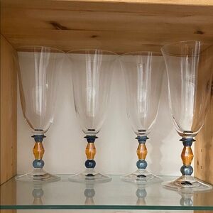 Set of 4 Glass Goblets with Blue and Orange carnival glass tall 16 oz